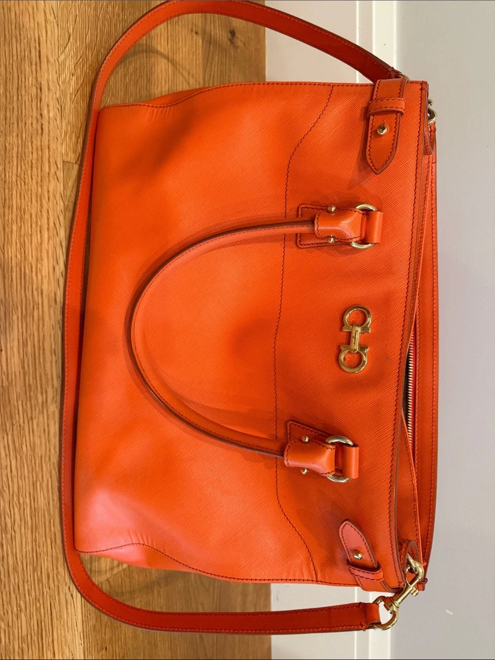 Salvatore Ferragamo Orange Leather Tote with Gold Hardware
